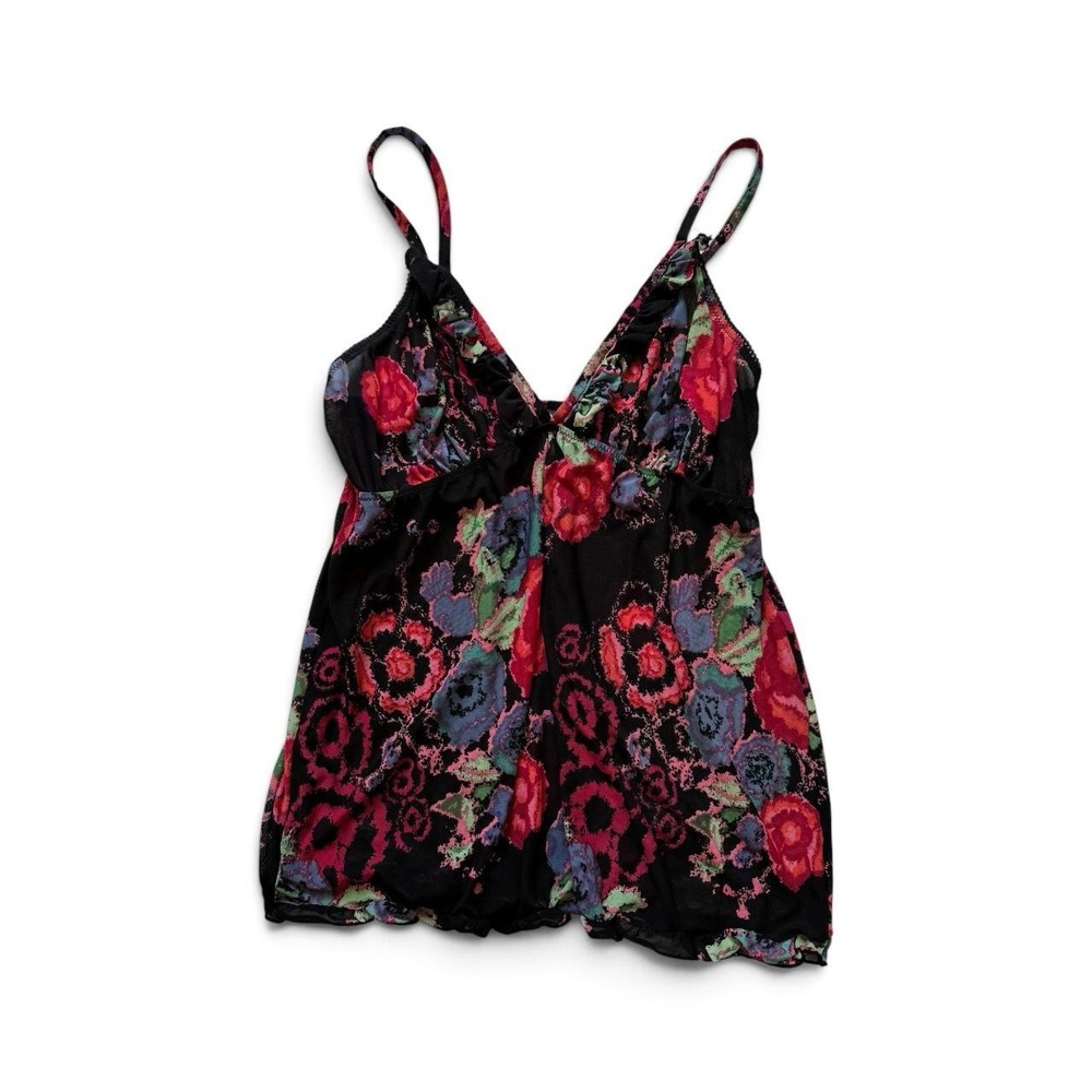 Vintage Heartland Black Sheer Floral Babydoll Camisole Y2K Ruffle Mesh Top L